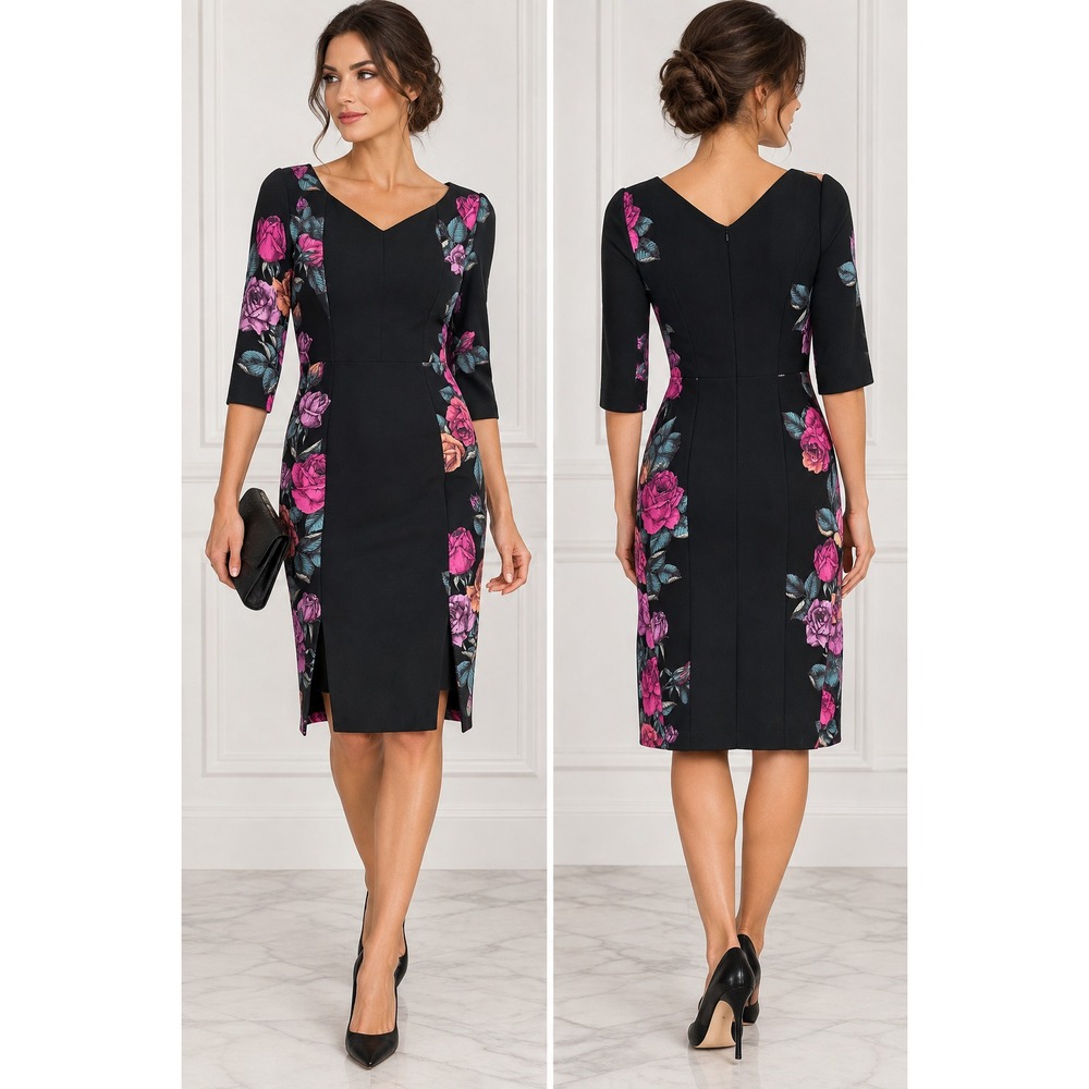 Black Halo Prism Sheath Dress 10 Rose Bush Floral Black 3/4 Sleeve Slit Panel M